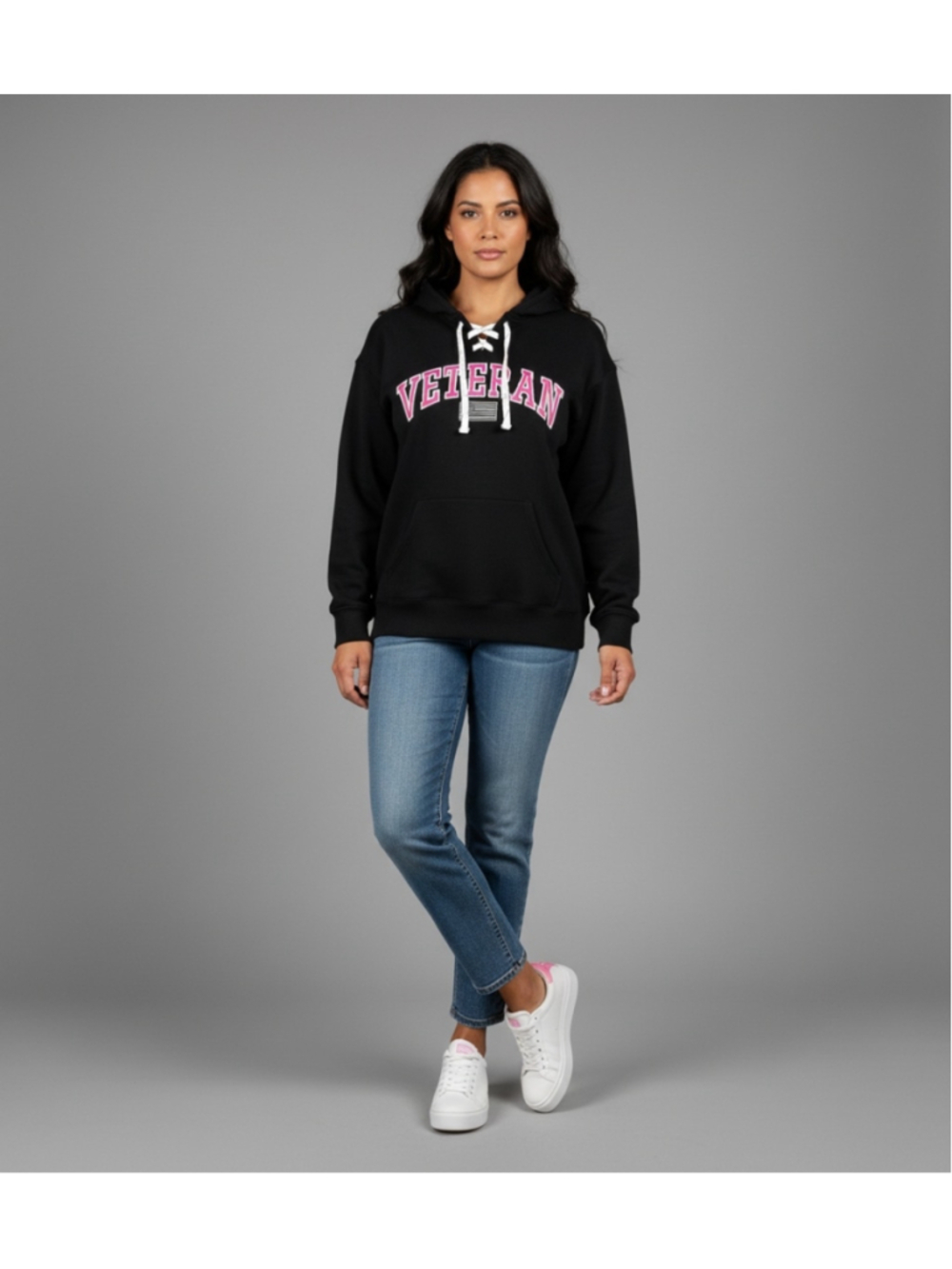 Women's J. America Sportswear Black Pink Veteran Hoodie XL